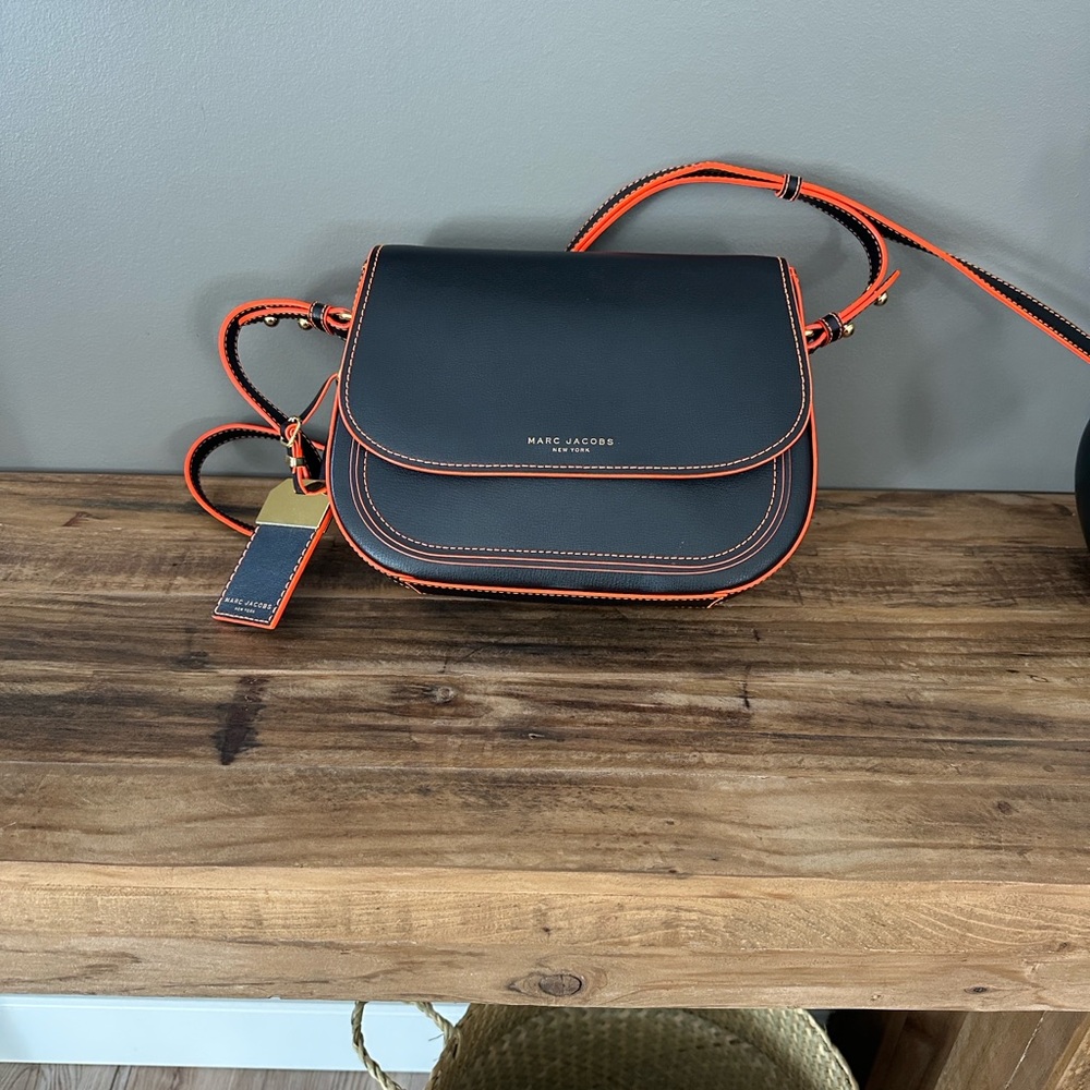 Marc Jacobs Navy Crossbody Saddle Bag with Orange Trim and Contrast Stitching